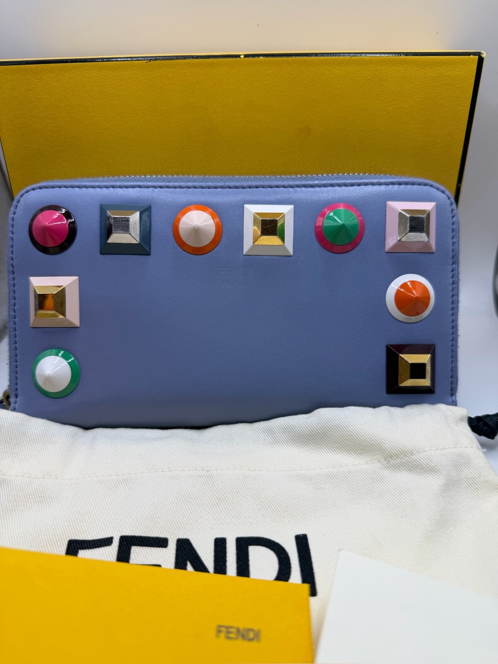 Fendi Lavender Leather Zip Wallet with Colorful Studs. All inclusive